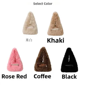 Faux fur triangle handbag collection showing five colors and front zipper detail