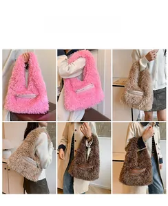 Detailed views of stylish plush shoulder bags in pink and brown with metallic zipper accents