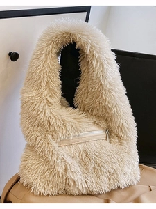 Fuzzy cream faux fur hobo tote bag with large capacity and smooth zipper for winter