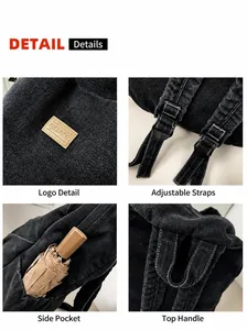 Detail of denim backpack showing side pocket with umbrella, leather logo, and straps