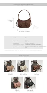 Detailed chart showing ruched PU handbag dimensions and five color comparison options