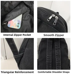 Detail view of denim backpack showing internal zip pocket and reinforced straps