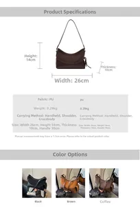 Detaillierte Größentabelle und Materialangaben für die Vintage PU-Schultertasche in Matt