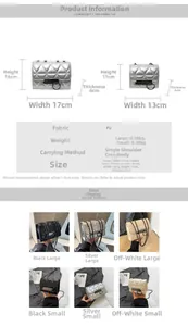 Size chart showing large and small PU crossbody bags with diamond quilting and chain strap