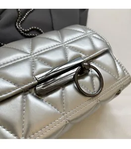 Close-up of metallic silver quilted bag with dark hardware and chain strap details