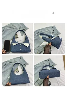Sac à bandoulière en denim bleu foncé avec col rétro blanc et boutons en quatre angles