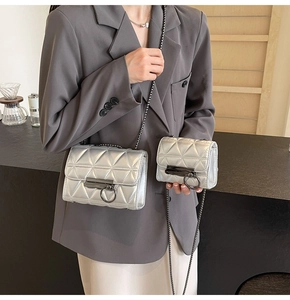 Detail of silver quilted chain bags showing metallic texture and round ring lock closure
