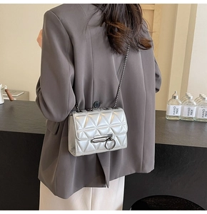 Silver quilted crossbody bag with metal ring lock and chain strap on shoulder