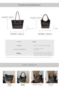 Detailed size chart for large and small canvas tote bags with striped design and dimensions