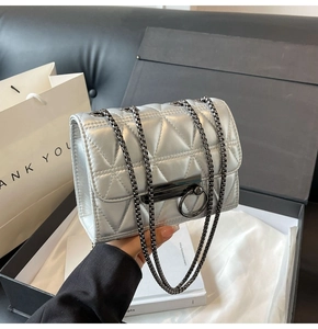 Silver quilted chain bag detail with metal ring closure and premium gift box packaging