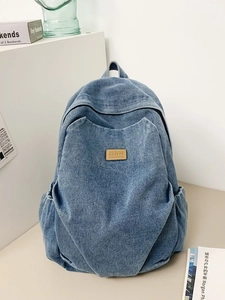 Vintage Washed Denim Backpack For Women Large Capacity School Bag Casual Travel Rucksack With Leather Patch Retro Knapsack