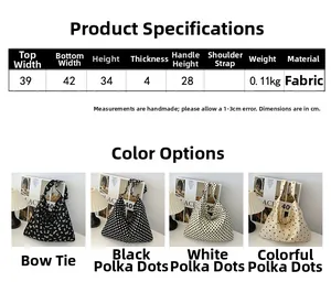 Detailed size chart for casual tote bag with dimensions in cm and color options
