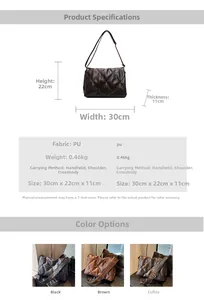 Quilted crossbody bag dimensions and material details with color options and size chart