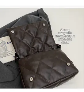 Detail of dark brown quilted crossbody bag showing four secure silver magnetic snaps