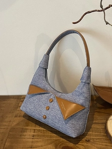 Sac sous le Bras en Denim Rétro pour Femmes Design de Revers de Niche Décoration de Boutons Sac à Épaule Hobo Chic