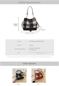 Tableau des tailles pour le sac seau à carreaux avec détails en cuir PU et mesures