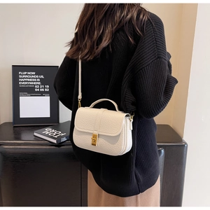 Close-up of beige lychee textured leather crossbody bag with golden square clasp