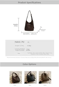 Detailed size specifications and material chart for large PU vintage bucket shoulder bag