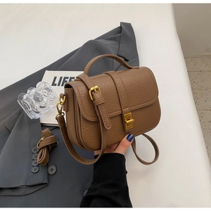 Detailed macro of brown litchi grain leather texture and gold buckle on a stylish mini bag