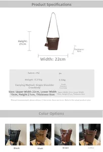Detailed size specifications for a retro bucket bag featuring four color options