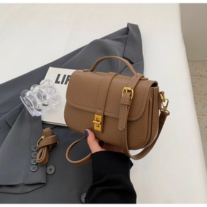 Close-up of brown textured leather small crossbody bag with gold-tone hardware and buckle