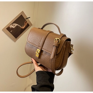 Detail of brown litchi pattern leather handbag with gold metal twist lock