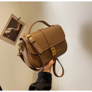Detail of dark brown lychee grain leather handbag with vintage gold buckle closure