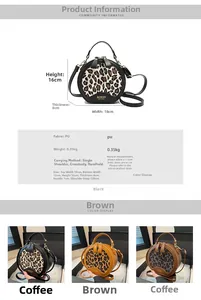 Detailed size specifications and material chart for leopard print PU leather round handbag
