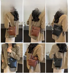 Collage of model wearing vintage brown and black bucket bags with decorative leather belt