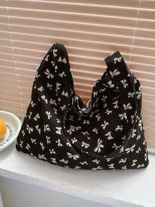 Women Large Capacity Canvas Tote Bag Korean Style Polka Dot Bow Print Shoulder Bag Casual Hobo Commuting Bag For School Daily