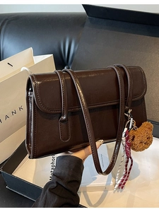 Retro deep brown leather shoulder bag for women with cute bear charm and gift box