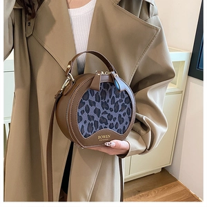 Close-up of leopard print panel on round crossbody bag featuring gold brand logo and strap