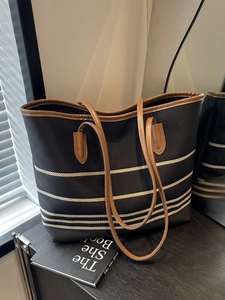 Women Striped Canvas Tote Bag With Synthetic Leather Trim French Vintage Style Shoulder Bag For Commuting Daily Life