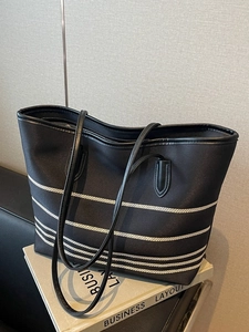 Large black striped canvas tote bag for women, stylish office and travel shoulder handbag