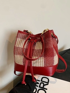 Sac Seau Vintage à Carreaux Pied de Poule Pour Femmes Mode Patchwork en Cuir PU Sac Bandoulière Avec Cordon de Serrage Or Hardware