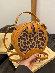 Fashion Women Leopard Print Round Crossbody Bag PU Leather Splicing Top Handle Shoulder Bag Vintage Handbag Daily Party