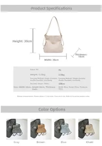 Detailed size specifications and color options for the versatile PU leather backpack