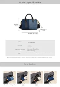 Tabella taglie dettagliata per la borsa a cuscino in denim con diverse opzioni di colore