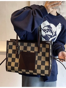 Women Large Capacity Tote Bag PU Leather Fabric Checkerboard Houndstooth Leopard Pattern Vintage Shoulder Handbag Mommy Bag