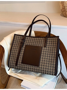 Classic houndstooth tote bag with brown leather straps and large capacity for women