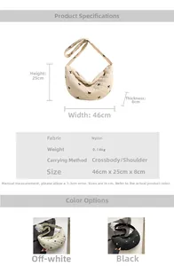 Quilted nylon crescent bag details with embroidery showing dimensions and strap options