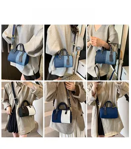 Collage di modelli con borsa Boston in denim patchwork e tracolla larga regolabile