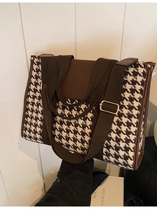 Retro houndstooth tote bag with brown leather trim and wide shoulder strap