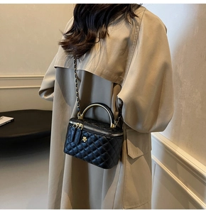 Detailansicht der schwarzen gesteppten Box-Tasche mit Goldgriff und Kettenriemen am Trenchcoat