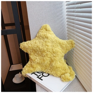 Detailed view of plush star-shaped handbag with yellow curly faux fur texture
