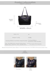 Detailed size chart and multi-color options for the large PU leather tote bag