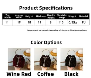 Detailed size chart and specifications for the chain bucket bag with PU leather finish