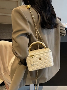 Damen Gesteppter Rhombus Kosmetikkoffer Umhängetasche Mit Metallgriff Kette Gurt Goldkugel Verstellung Vintage PU Leder Box Schultertasche