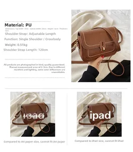 Vue détaillée du sac bandoulière en PU marron montrant le profil et la taille par rapport au A4