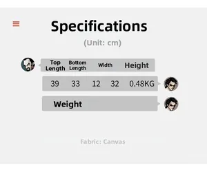 Size chart showing large canvas messenger bag dimensions 39x33x32cm and 0.48kg weight